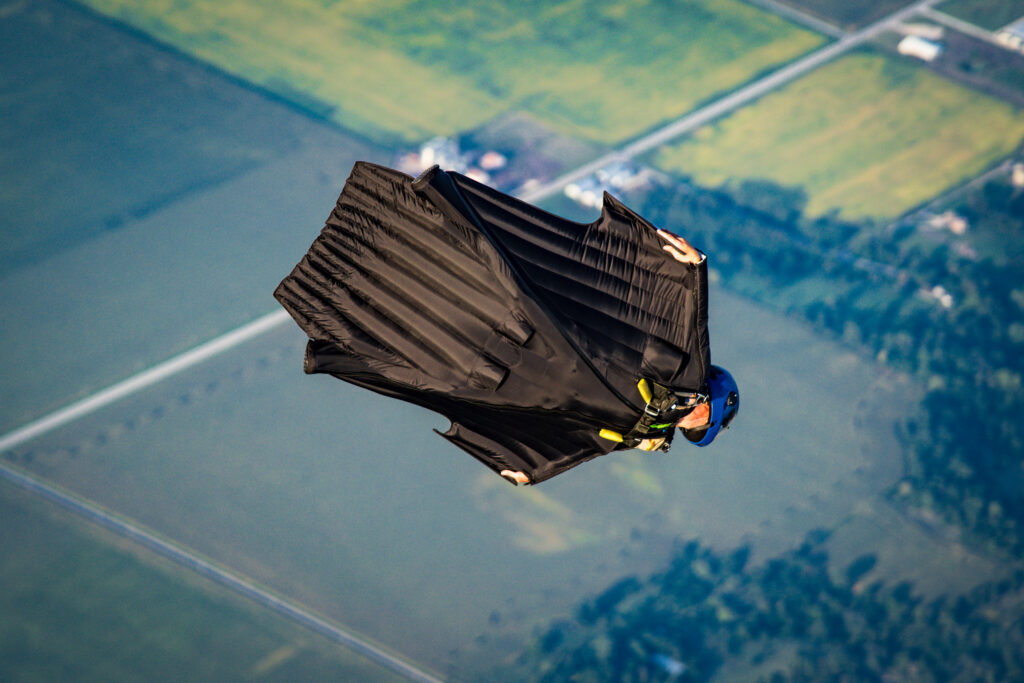 wingsuit skydiver competing at nationals in 2022 at Skydive Chicago