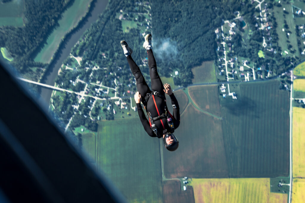 A speed skydiving trying to get the fastest vertical speed competes at Nationals at Skydive Chicago