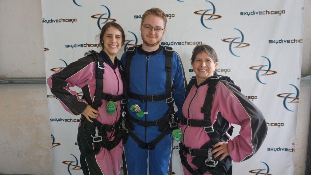 First time group skydiving getting ready to jump at Skydive Chicago