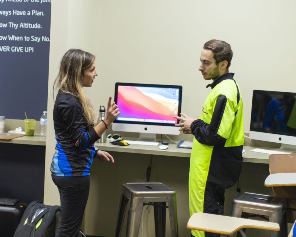Skydive Chicago's learn to skydive ground school is based online and in person. This student is in the in person practical.