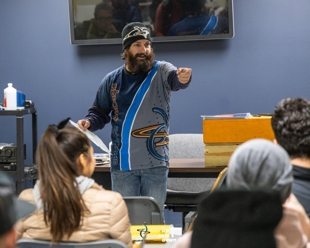 Instructor Derek Baxter teaching at Skydive Chicago's annual Safety Day