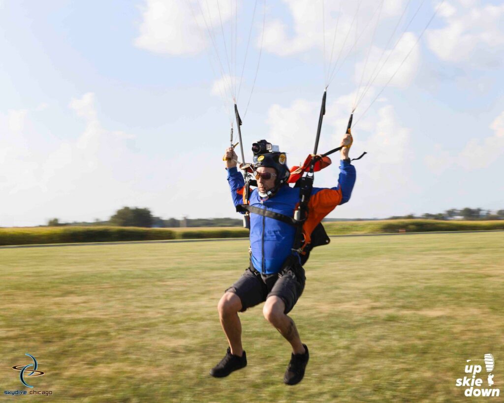 Videographer Charles Lane landing his parachute at Skydive Chicago