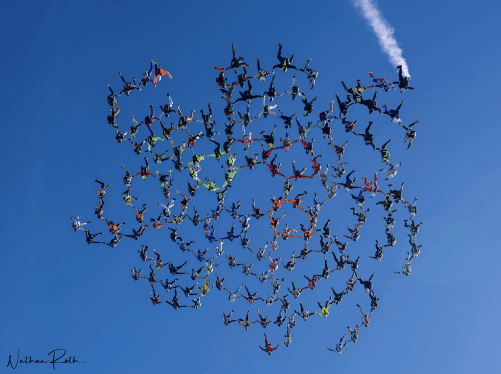 August 22nd, 2025, the new 174-Way Vertical World Record skydive at Skydive Chicago - photo by Nathan Roth
