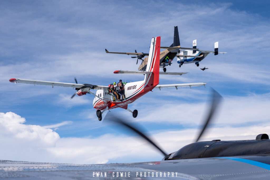 Skydiving World Record plane formation with skydivers ready to jump. Photo by Ewan Cowie