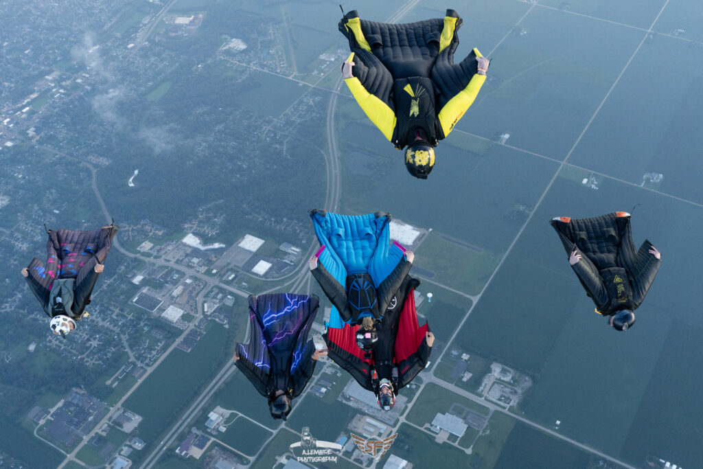 wingsuit skydiving formation at skydive chicago